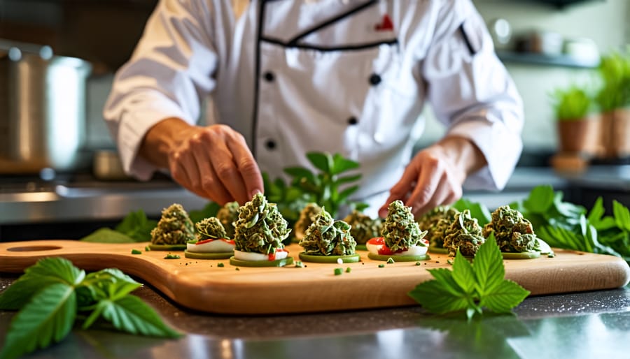 Chef demonstrating cannabis infusion techniques in a kitchen