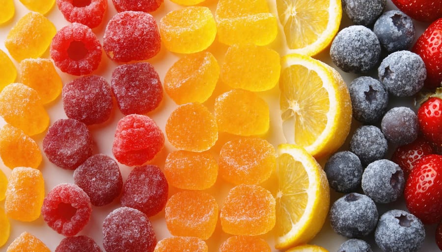 Vibrant freeze-dried candies and fresh fruits demonstrating texture and flavor differences